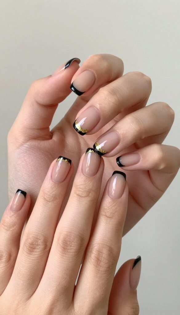 Matte black French tips with gold foil accents on short square nails
