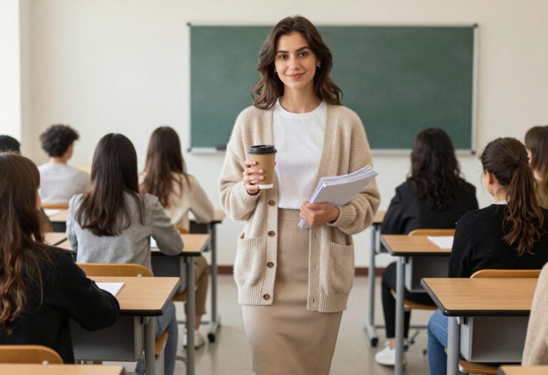 Young teacher in cozy cardigan and midi skirt standing in classroom