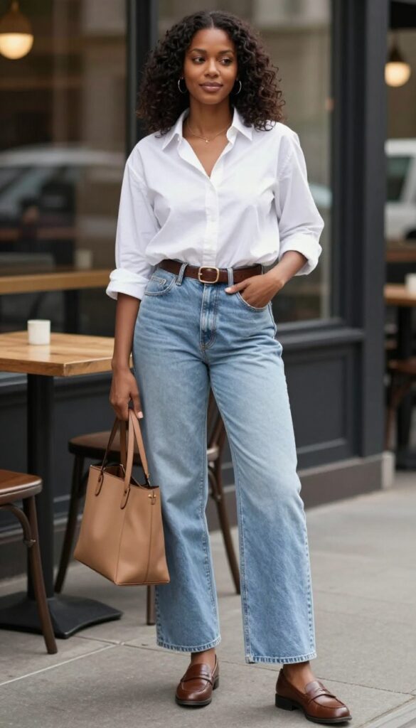 10. White Button-Down with Wide-Leg Jeans
