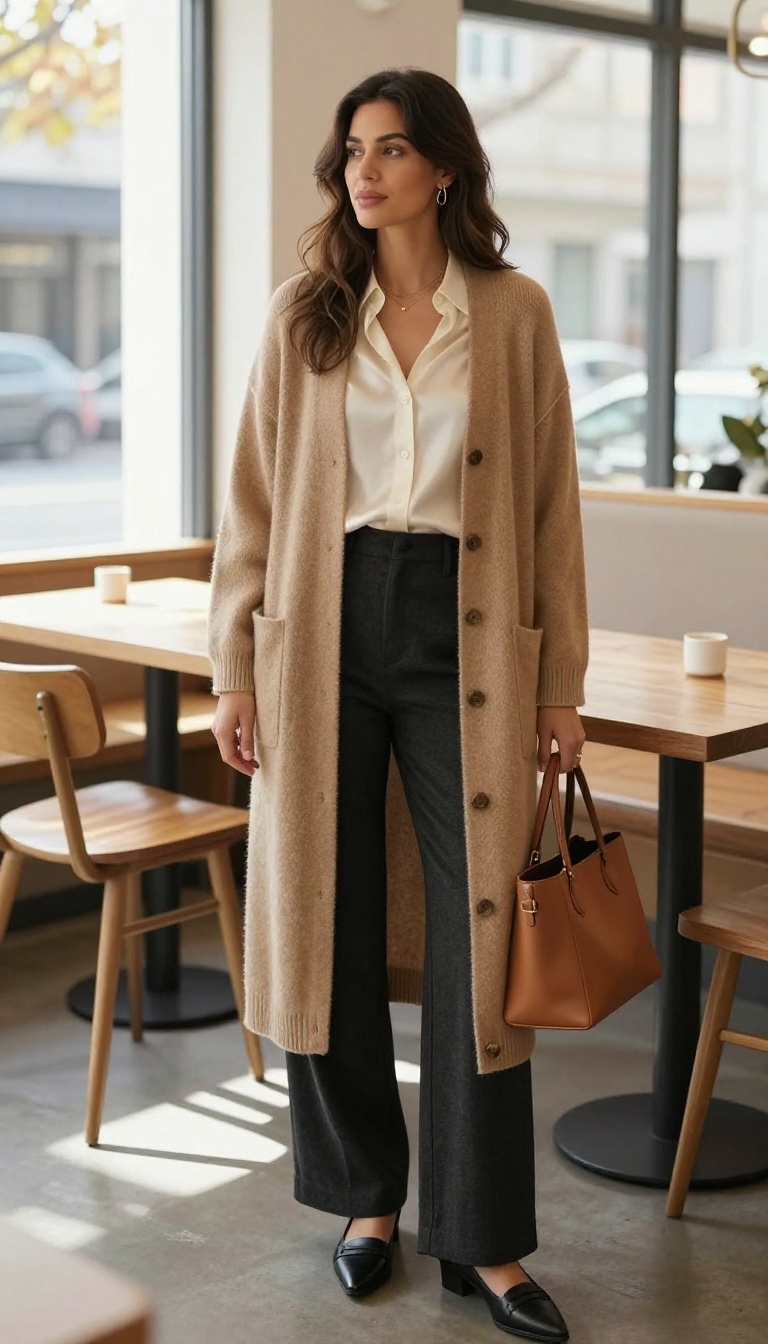 5. Long Cardigan with Silk Blouse and Wide-Leg Trousers