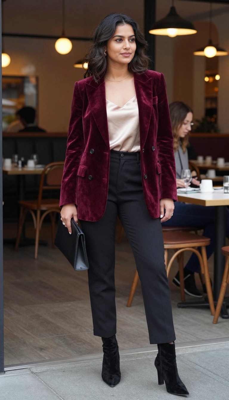 11. Velvet Blazer With Silk Camisole and Black Trousers