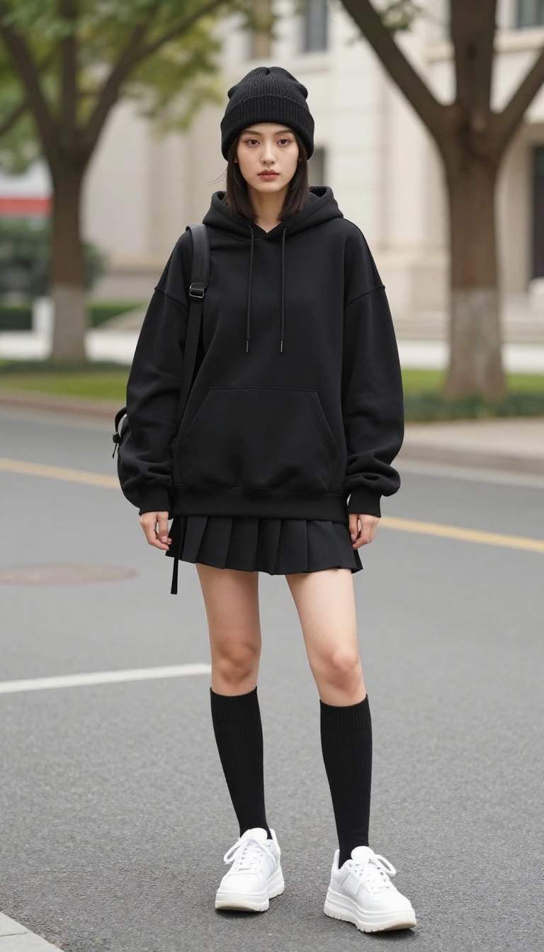 9. Hooded Sweatshirt + Tennis Skirt + Knee-High Socks