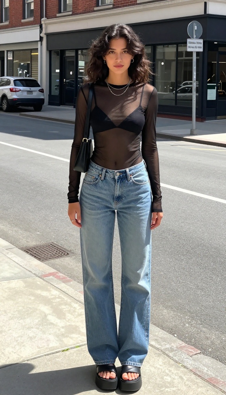 9. Mesh Top + Bralette + Low-Rise Jeans + Platform Sandals