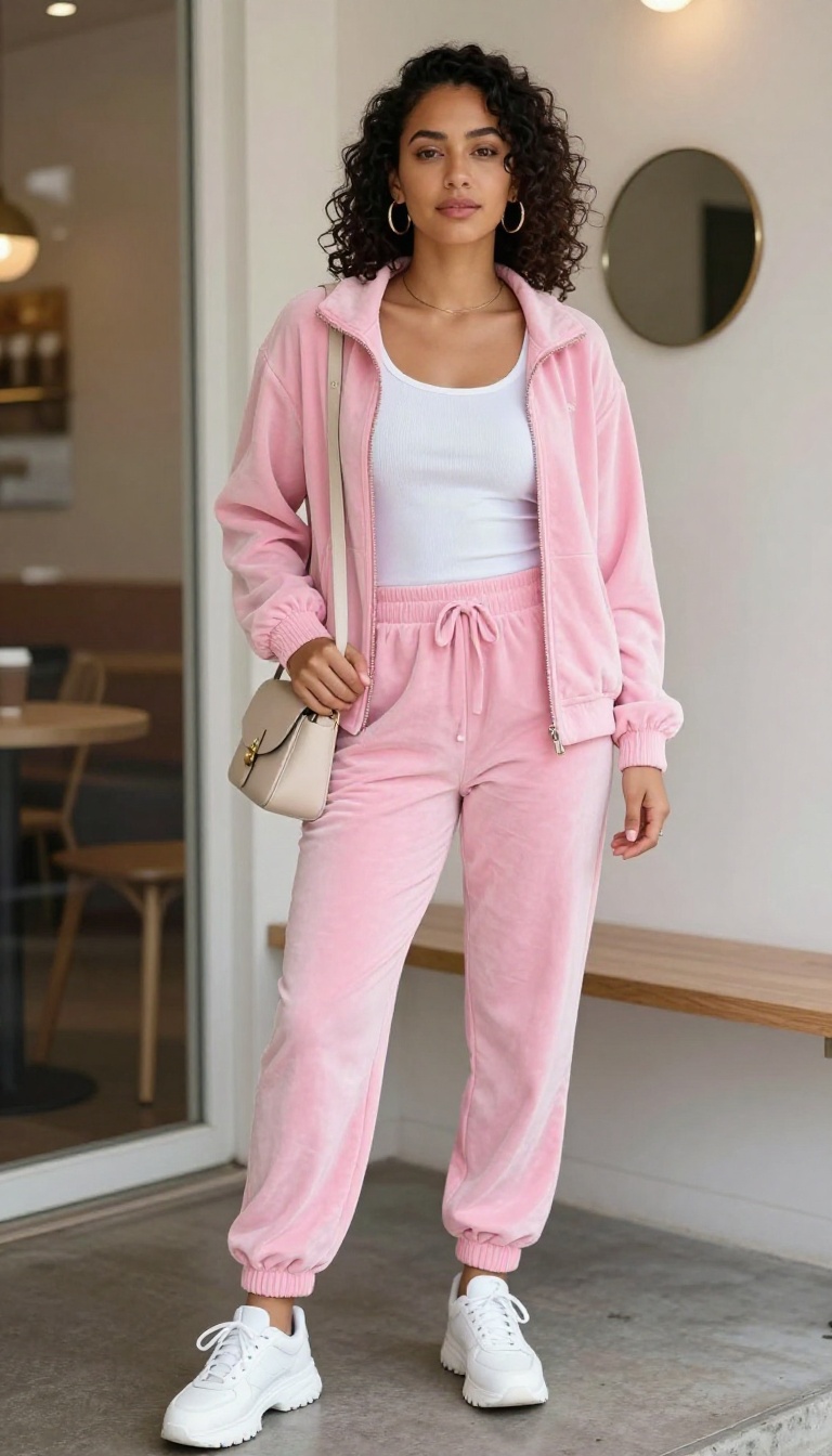 3. Velour Tracksuit with a White Tank and Hoop Earrings