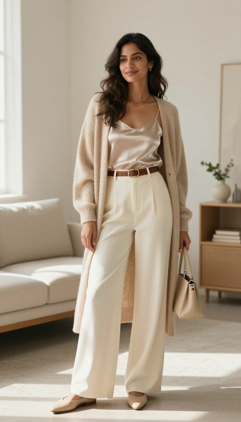 6. The Cashmere Cardigan and Wide-Leg Pants