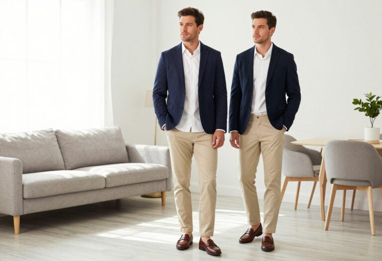 Man in navy blazer and chinos, old money outfit