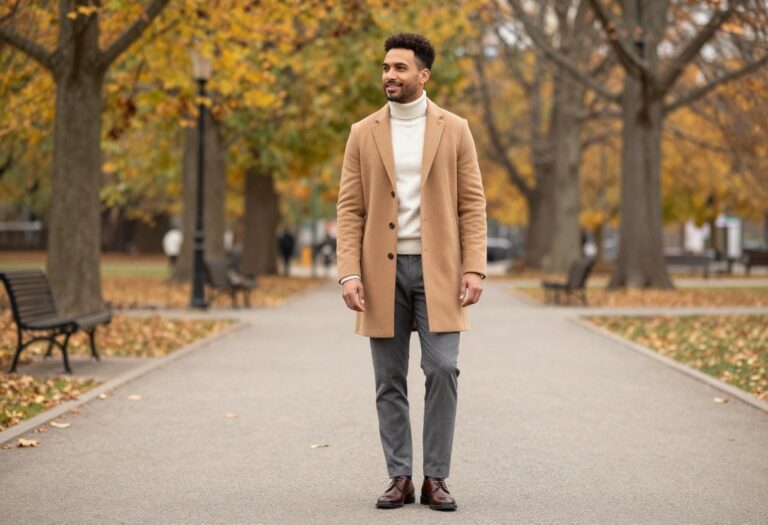 Man in camel overcoat and turtleneck, old money fall outfit