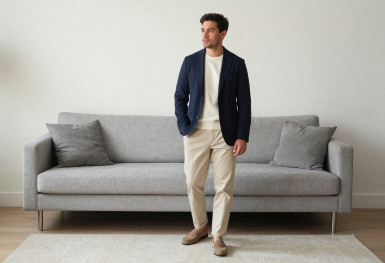Man in navy blazer and chinos with smart casual old money style