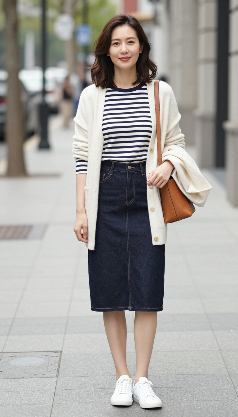 3. Denim Skirt with a Breton Stripe Top