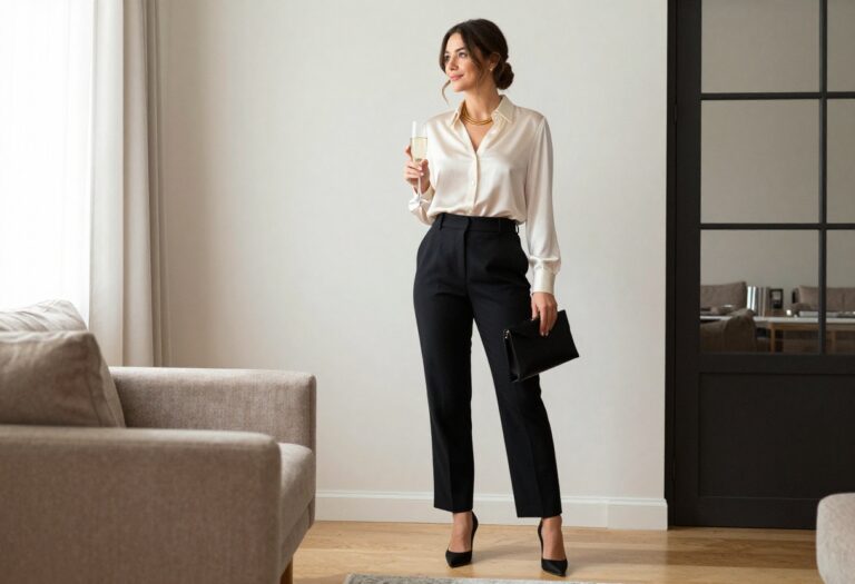 Woman in old money party outfit with silk blouse and tailored trousers