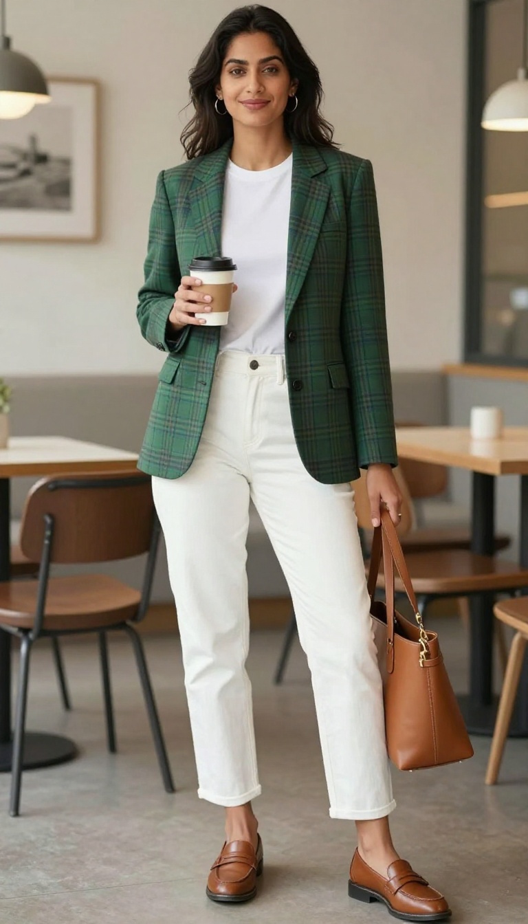 13. Plaid Blazer With White Jeans and a Simple Tee