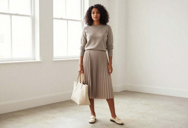 Woman wearing a pleated midi skirt and cashmere sweater in a bright living room