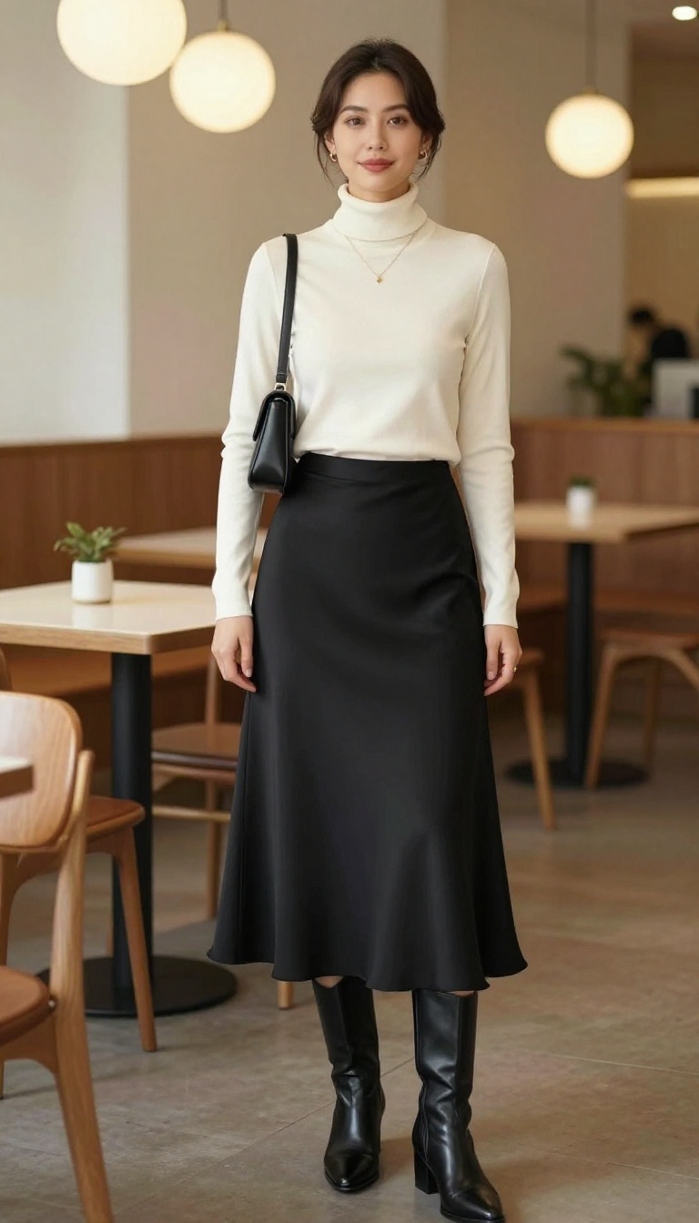 14. Turtleneck + Slip Skirt + Ankle Boots