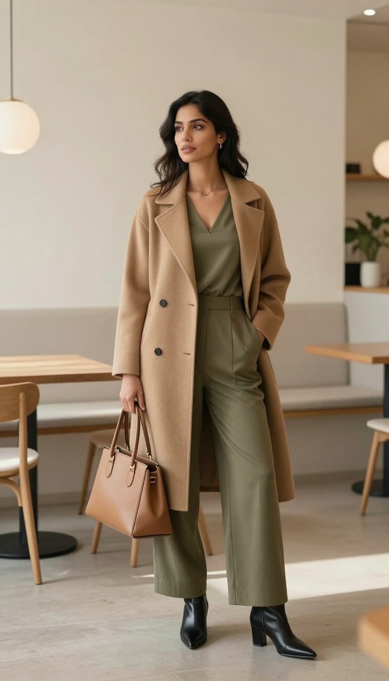 9. Wrap Coat + Wide-Leg Jumpsuit + Heeled Boots