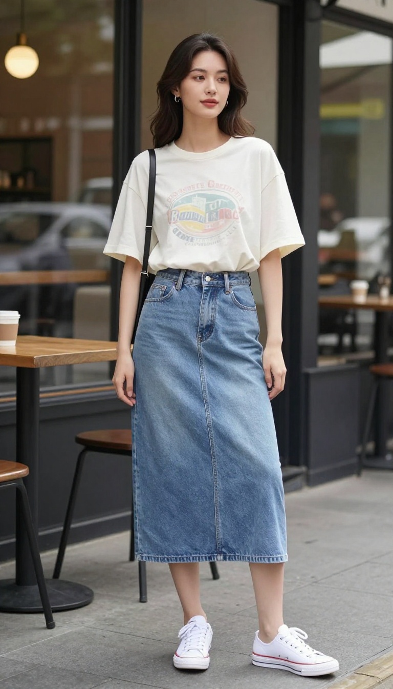 5. High-Waisted Denim Skirt and a Graphic Tee