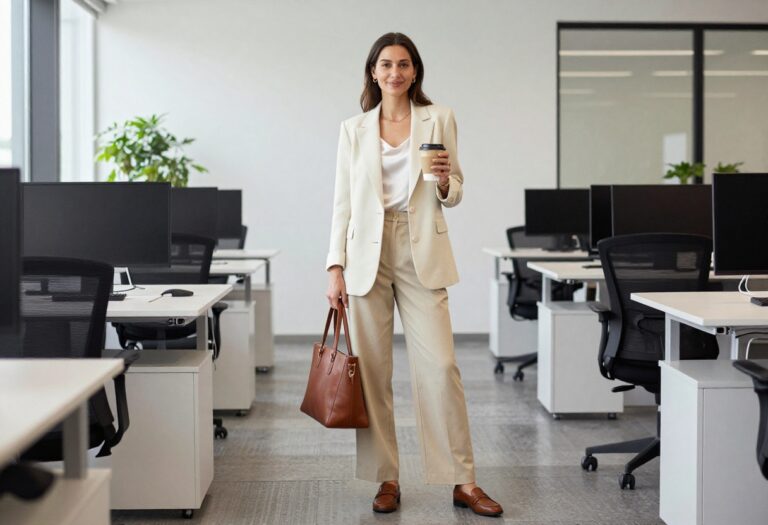Woman in cream blazer and wide-leg trousers standing in a modern office, old money style