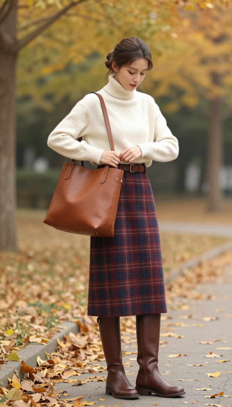 4. Plaid Wool Skirt With Turtleneck and Riding Boots