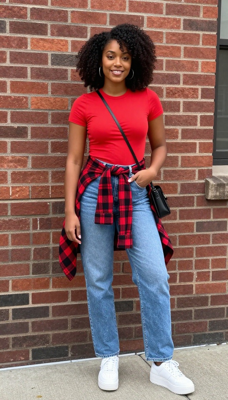 2. Baggy Jeans + Crop Top + Flannel