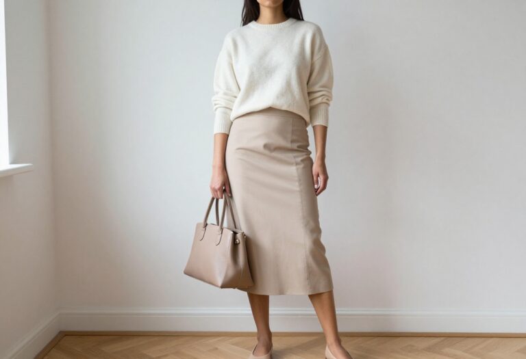Woman in a modest old money outfit with a cream sweater and beige midi skirt