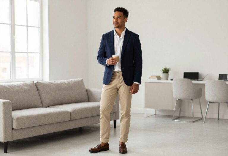 Man in navy blazer and chinos, old money style outfit
