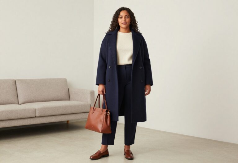Woman in camel coat and tailored trousers in a minimalist living room