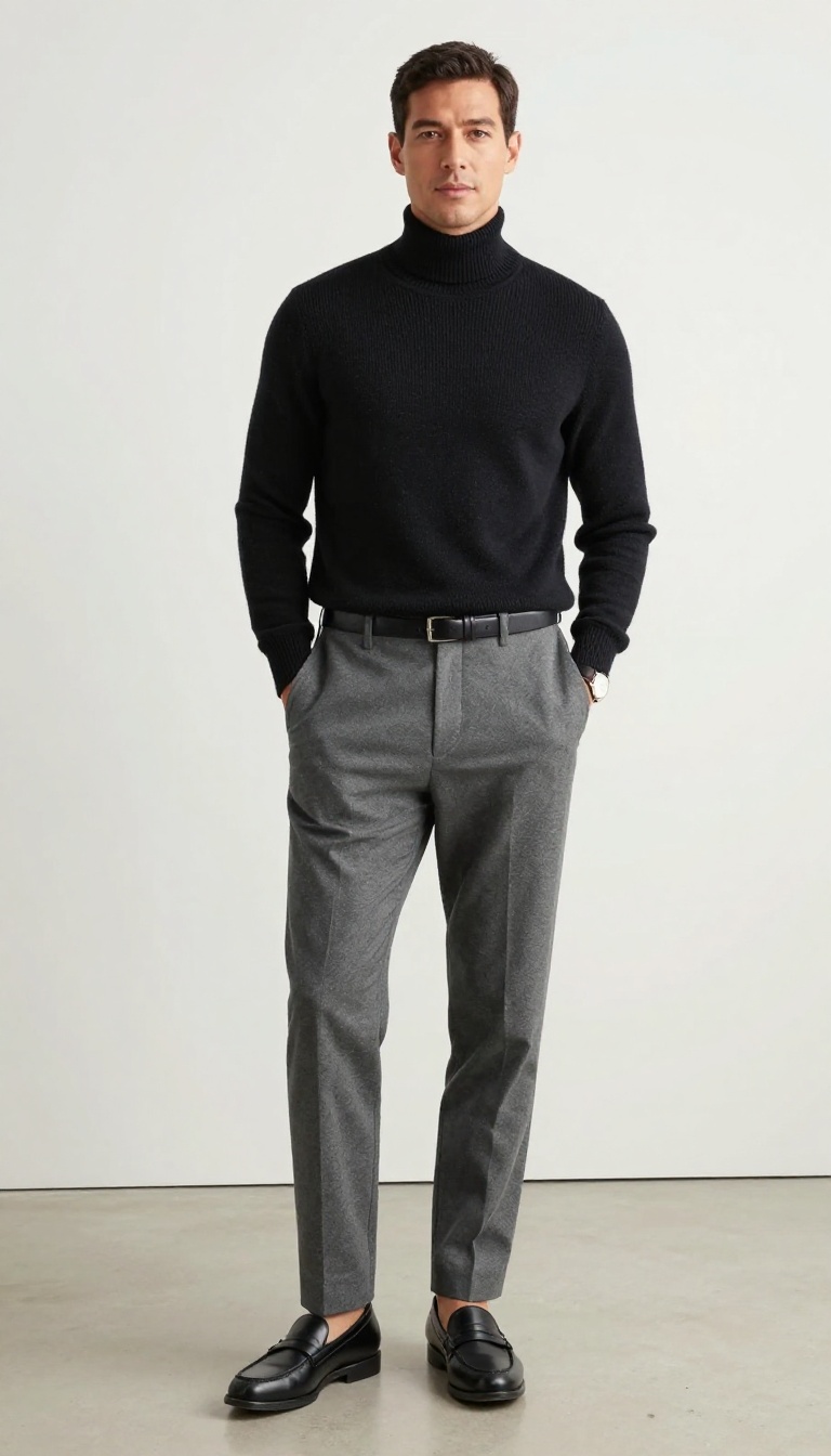 4. Black Turtleneck and Grey Flannel Trousers