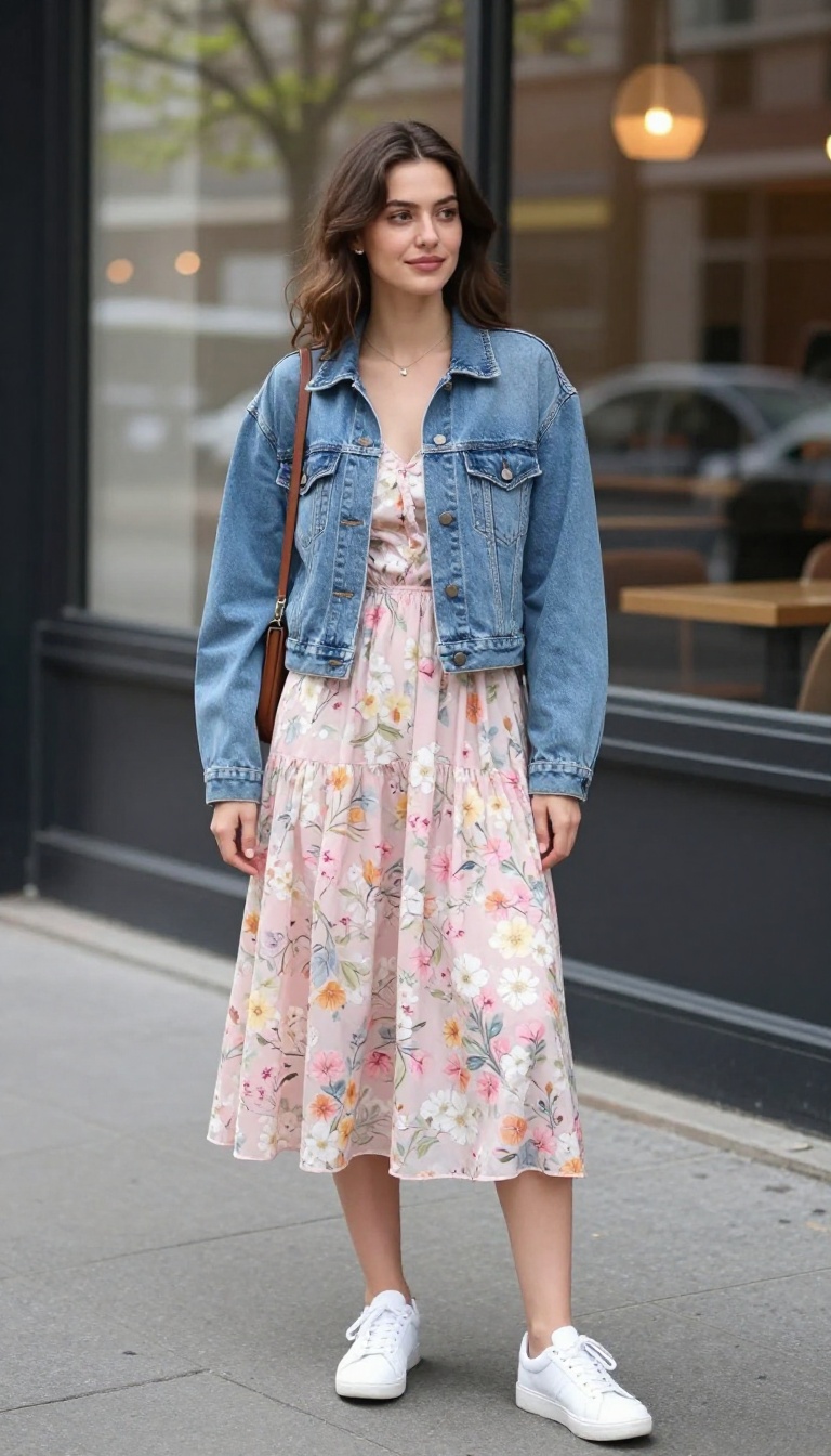 7. Denim Jacket with a Floral Dress