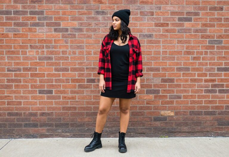 Woman wearing a slip dress, flannel shirt, and combat boots in a 90s grunge style