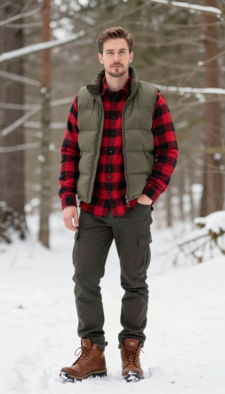 8. The Plaid Flannel Shirt with Down Vest and Cargo Pants