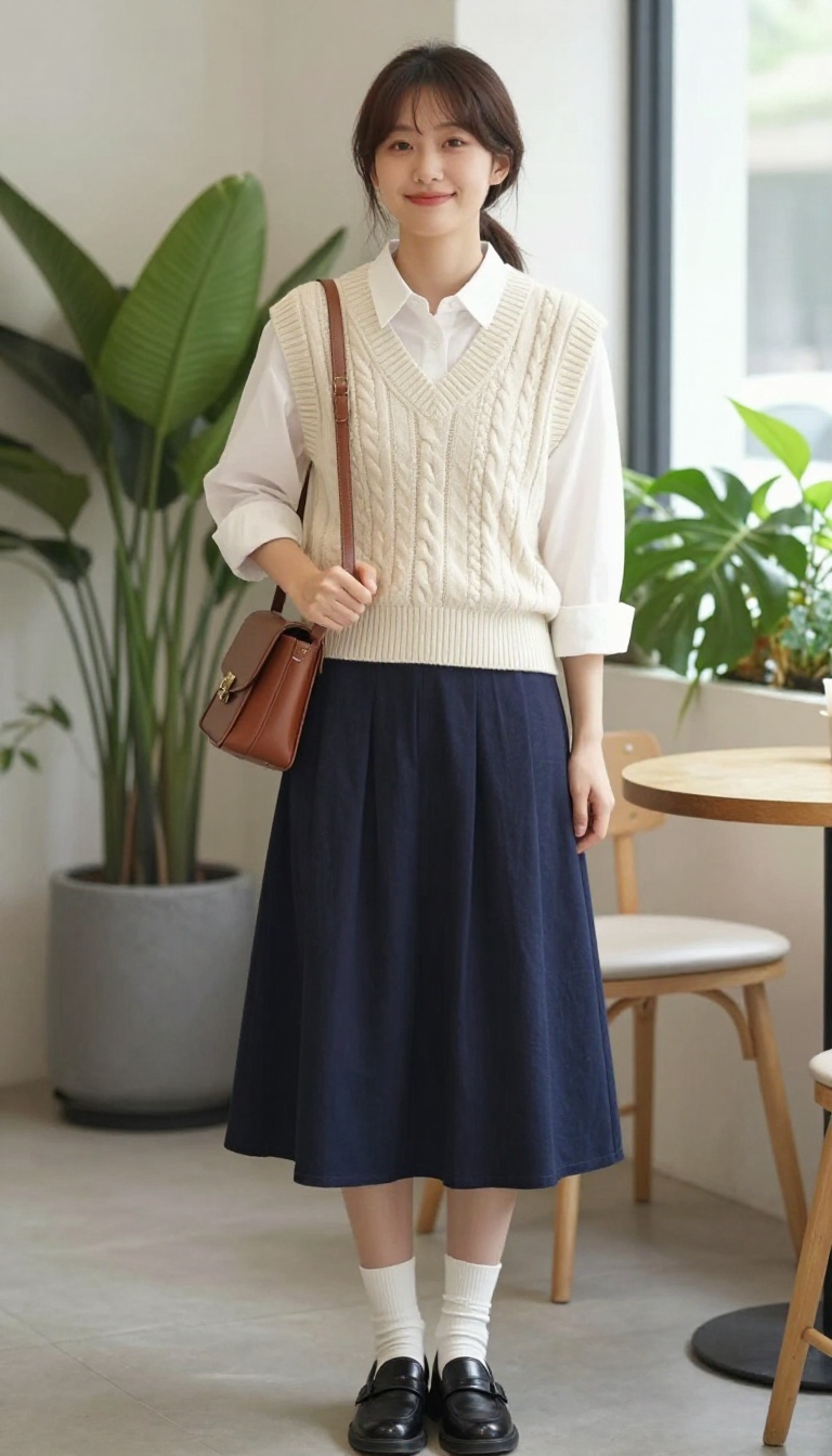 7. Sweater Vest + White Button-Up + Pleated Skirt