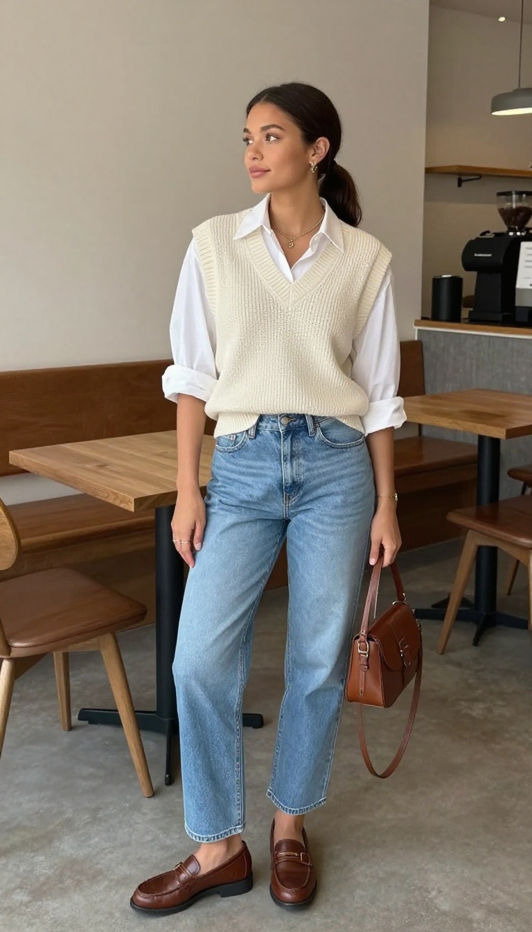 10. The Sweater Vest with Straight-Leg Jeans