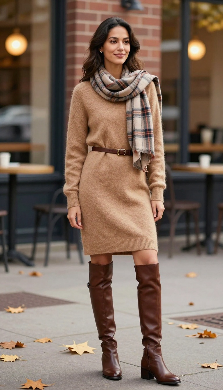3. Cashmere Sweater Dress With Knee-High Boots