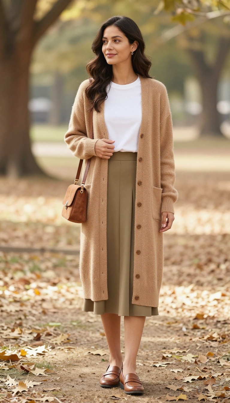 8. Cardigan and Pleated Midi Skirt