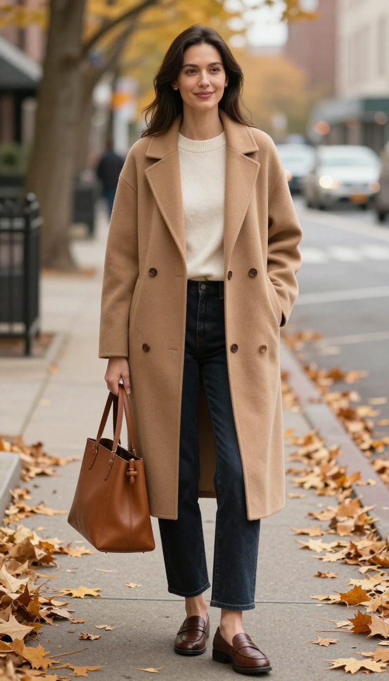 1. Camel Coat Over Cream Knit and Straight-Leg Jeans