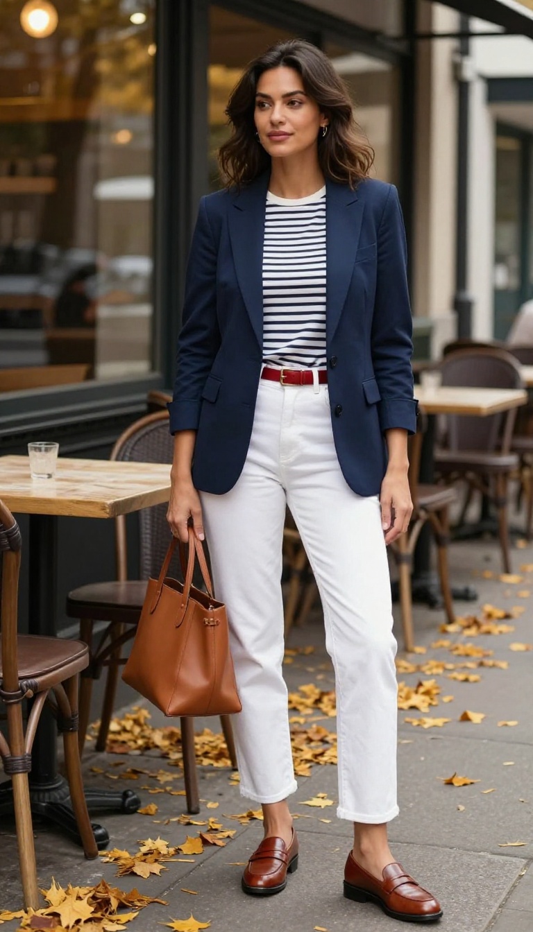 6. Navy Blazer With Striped Top and White Jeans