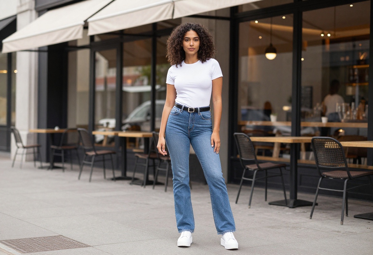 Woman wearing a Y2K outfit with baby tee and flared jeans, posing in a city street