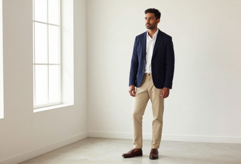 Man in navy blazer and chinos, old money style outfit