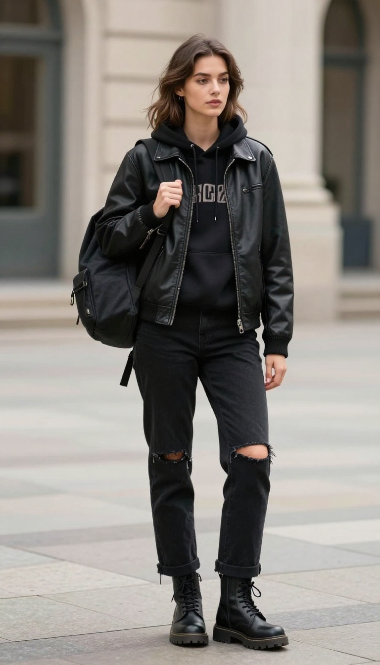 5. Leather Jacket + Graphic Hoodie + Ripped Jeans
