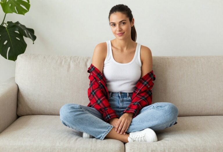 Woman in 90s casual outfit with mom jeans and flannel shirt tied at waist