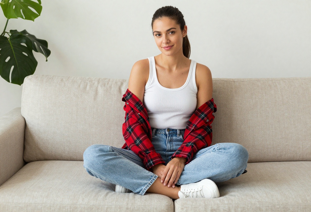 Woman in 90s casual outfit with mom jeans and flannel shirt tied at waist