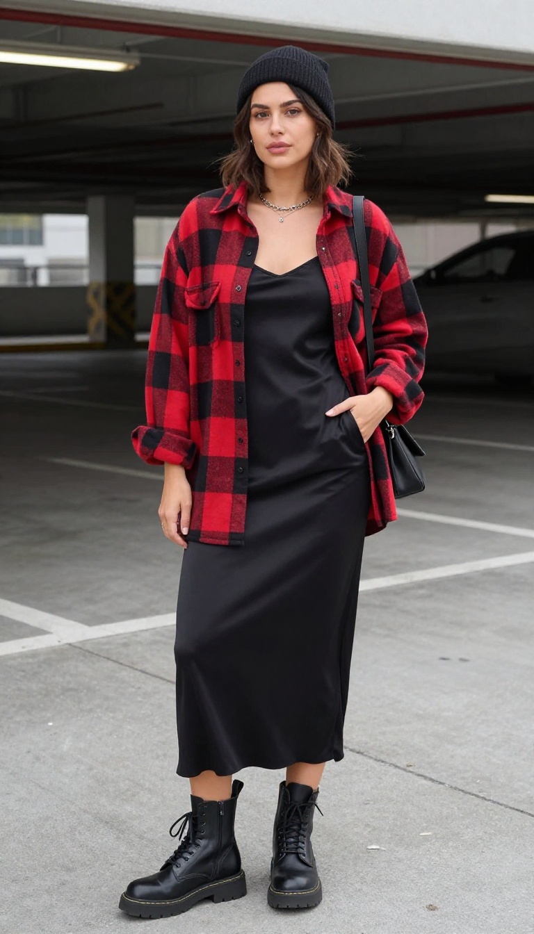 1. Slip Dress + Oversized Flannel + Combat Boots