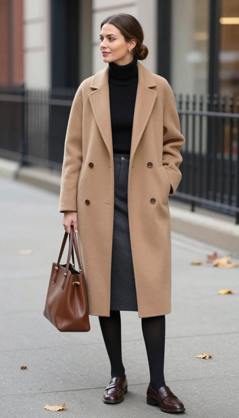 11. Tailored Coat with Turtleneck and A-Line Skirt
