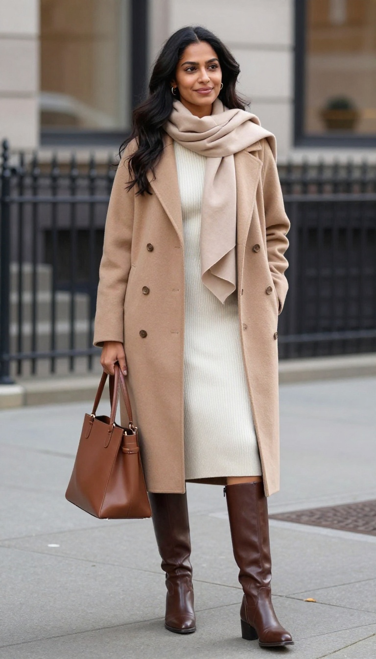 7. The Camel Coat and Knit Dress