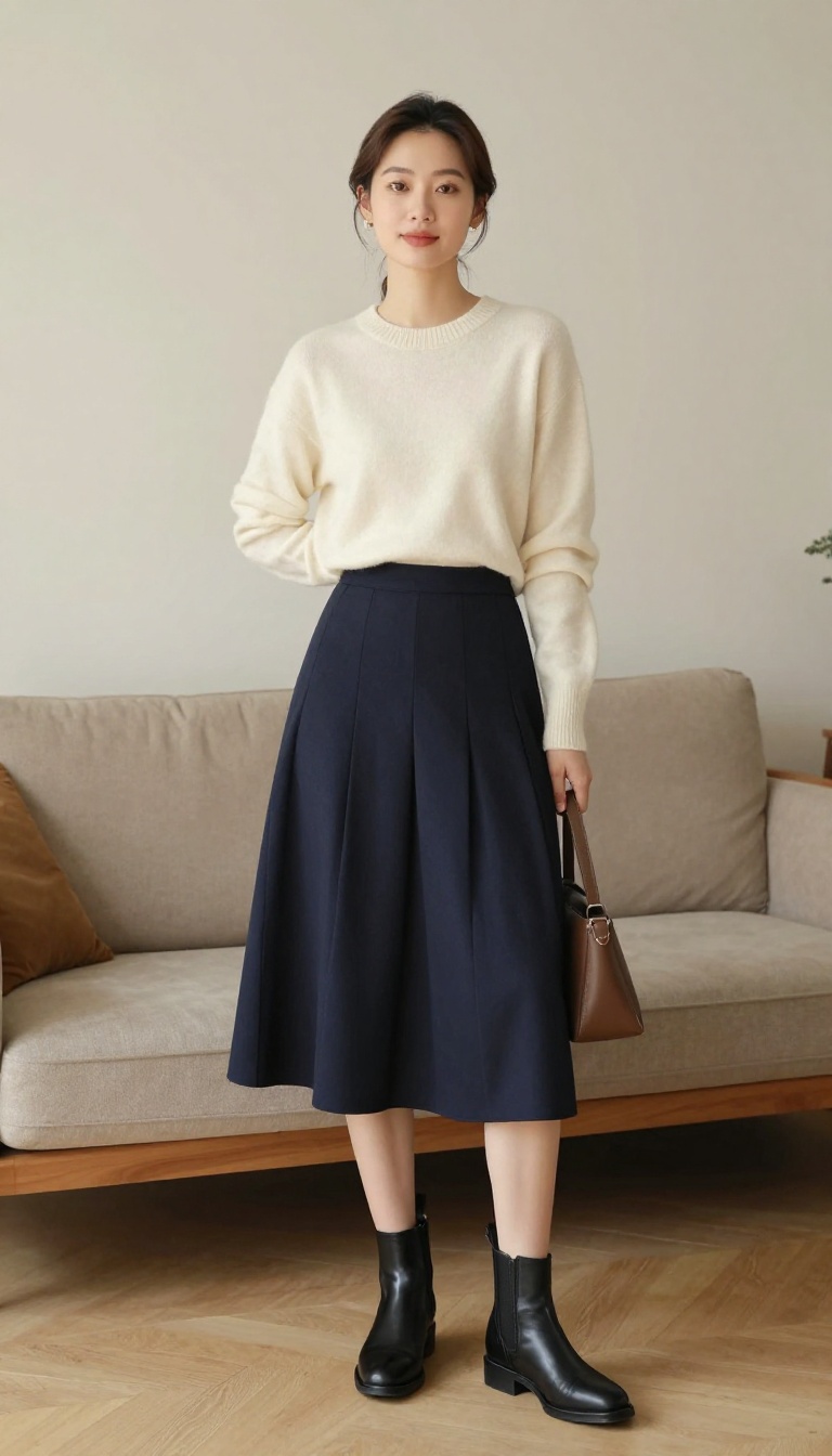 4. Cashmere Sweater & Pleated Midi Skirt