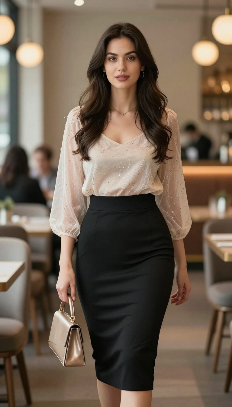 15. Sheer Blouse and Low-Rise Skirt