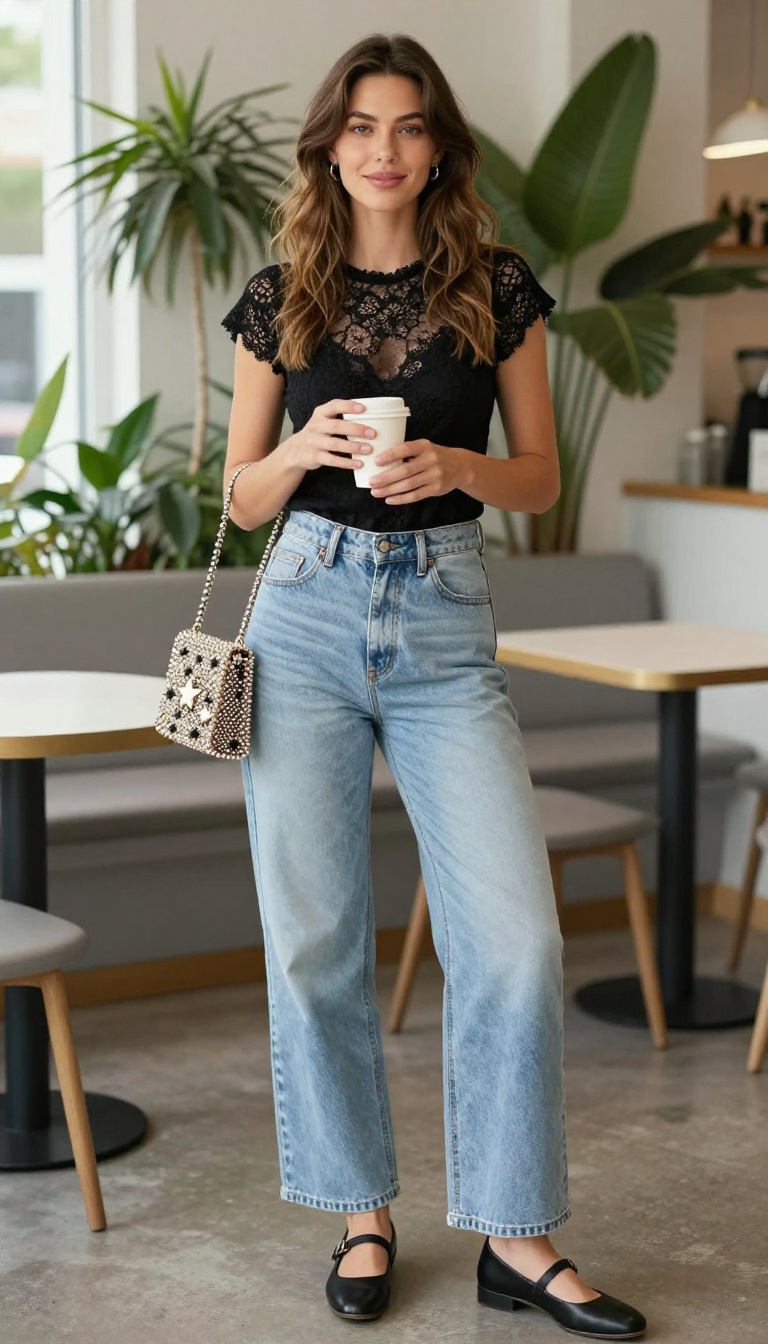 4. Lace-Trimmed Camisole + Wide-Leg Jeans