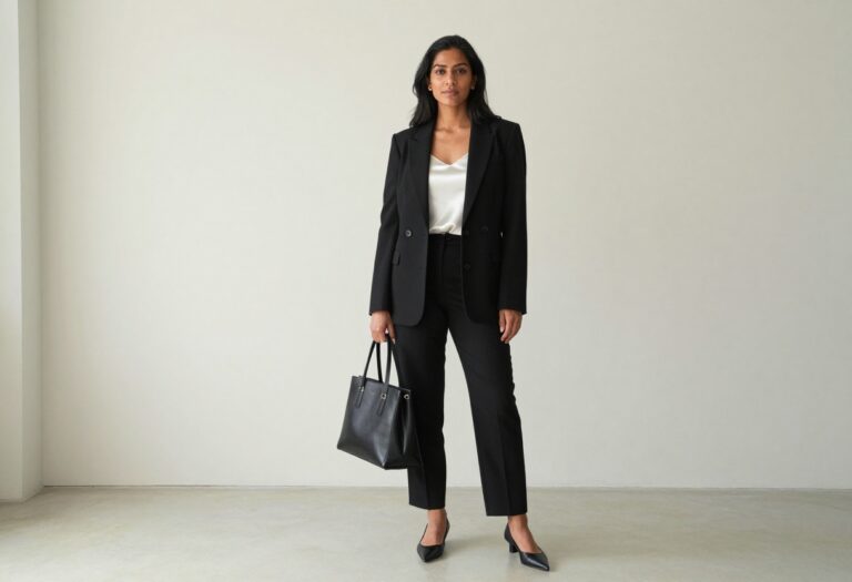 Woman in black tailored blazer and trousers, old money style