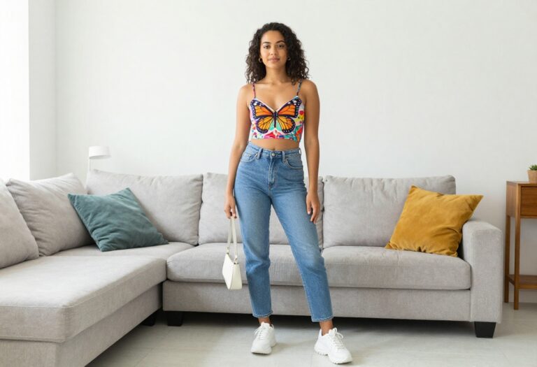 Woman in Y2K outfit with butterfly top and low-rise jeans