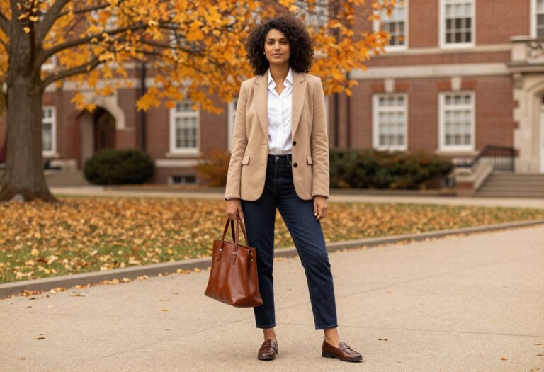 Young woman in camel blazer and jeans on university campus, old money style