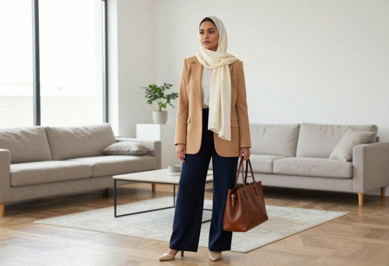 Hijabi woman in camel blazer and navy trousers, old money style